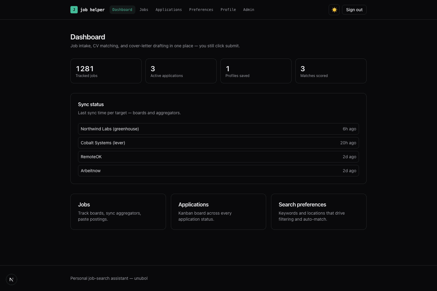 Dashboard with tracked job, application, and match counts