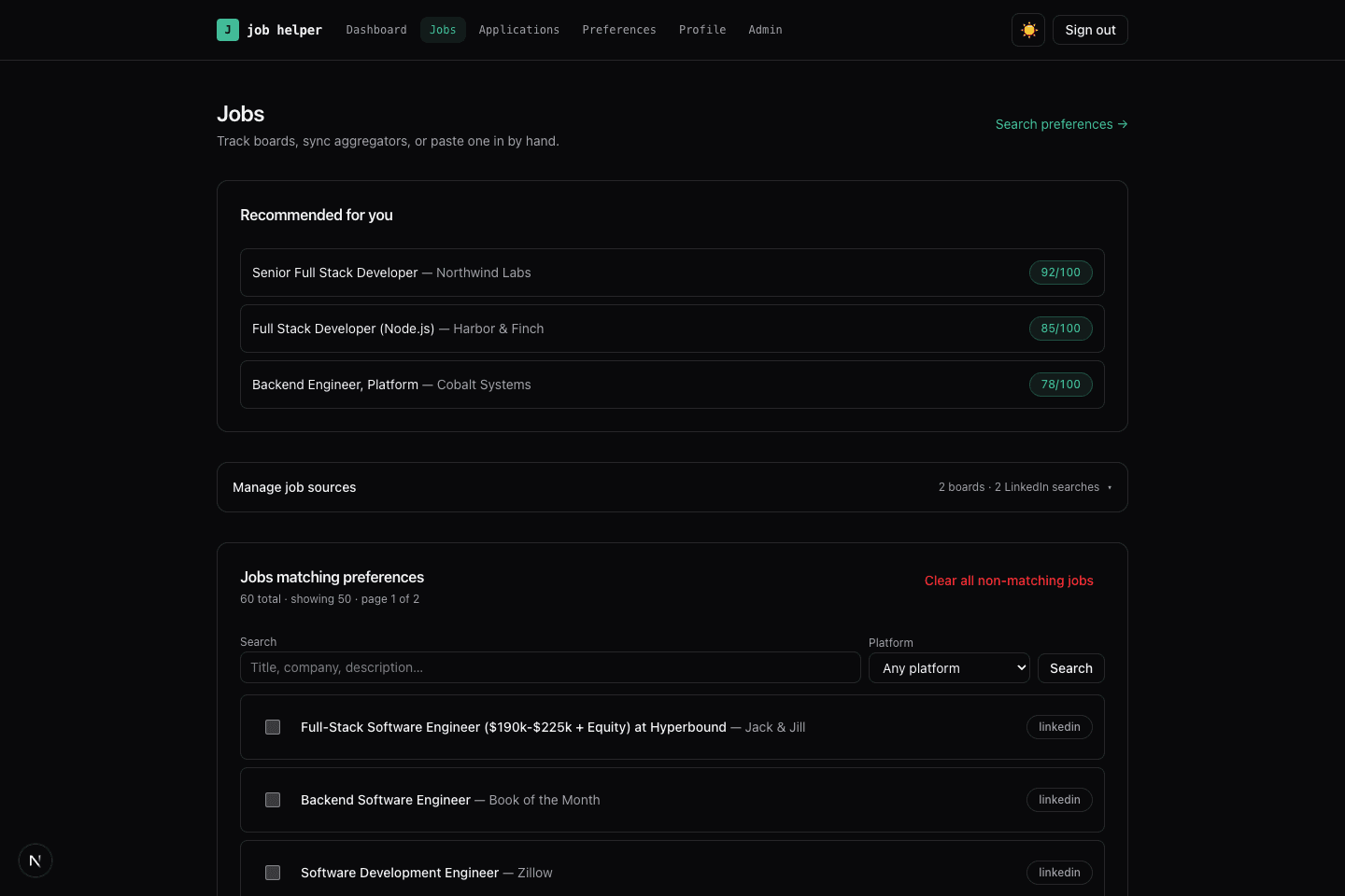 Jobs page with recommended matches and preference-filtered list